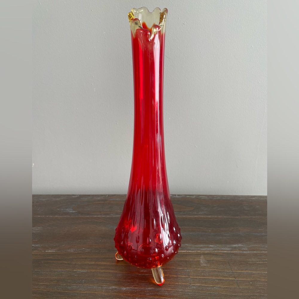 Vintage MCM Kitschy LE Smith Amberina Red 3 Toed Hobnail Swung Vase 13”Tall-wow!